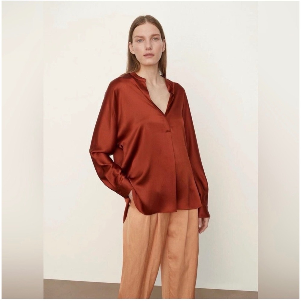 Vince Split Neck 100% Silk Burnt Orange Office Career Quiet Luxury Womens XL